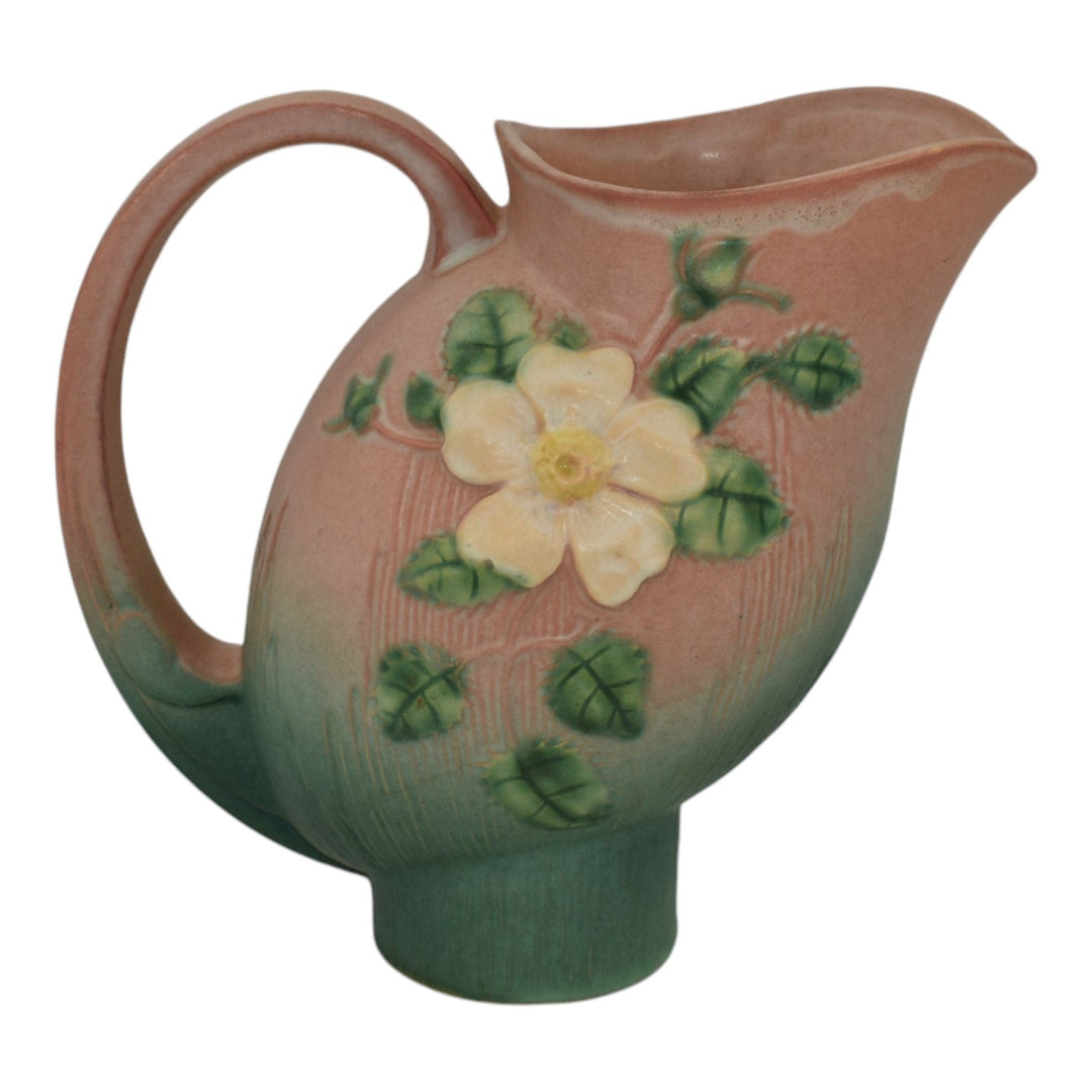 Roseville Pottery White Rose 1940 Pink And Green Art Deco Ceramic Pitcher 1324 - Just Art Pottery