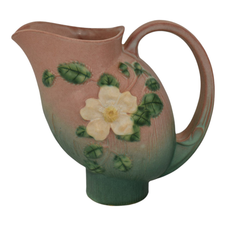 Roseville Pottery White Rose 1940 Pink And Green Art Deco Ceramic Pitcher 1324 - Just Art Pottery