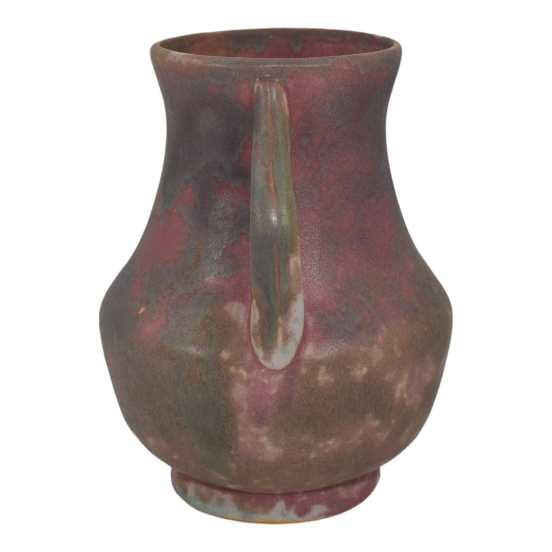 Burley Winter 1930s Arts And Crafts Pottery Purple Handled Mottled Ceramic Vase - Just Art Pottery
