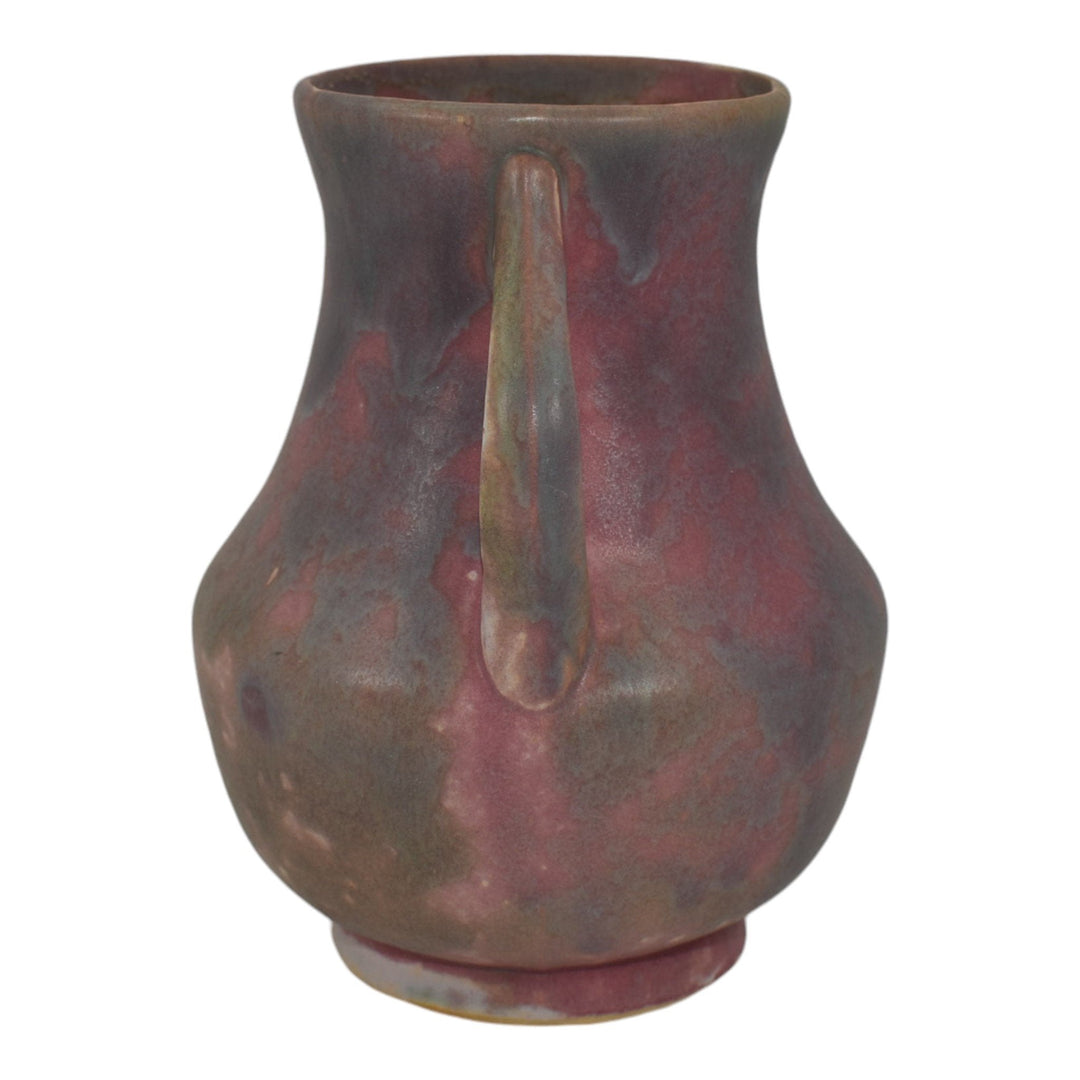Burley Winter 1930s Arts And Crafts Pottery Purple Handled Mottled Ceramic Vase - Just Art Pottery