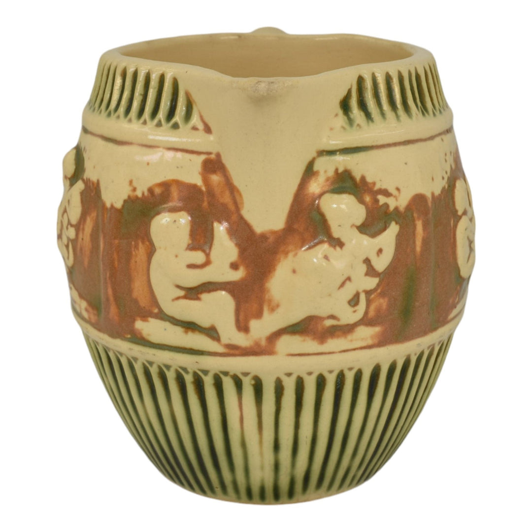Roseville Donatello 1916 Vintage Art Pottery Ivory Ceramic Cherub Pitcher 1307 - Just Art Pottery