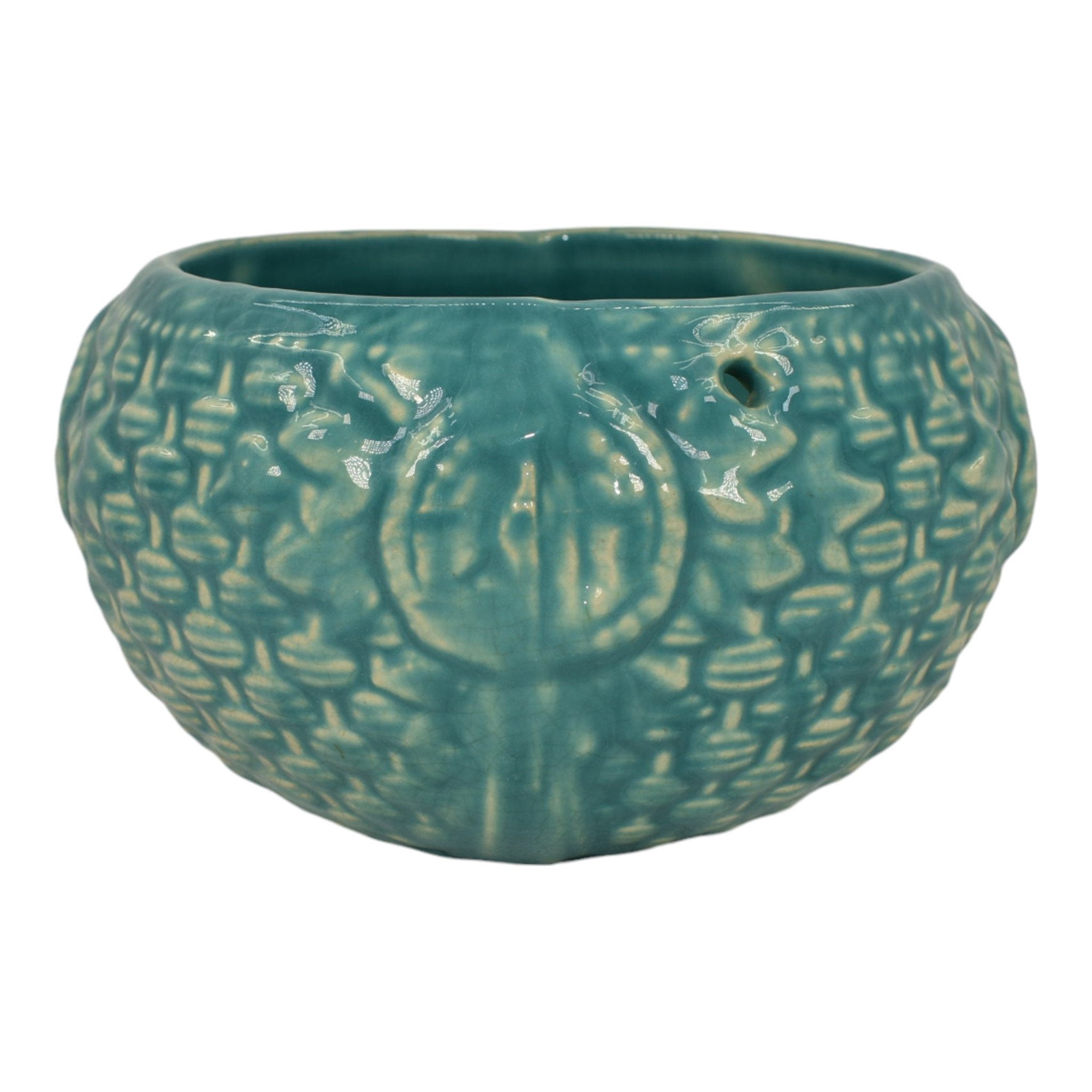mccoy pottery hanging planter McCoy 1932 Art Pottery Blue Embossed Basketweave Hanging Basket Plante