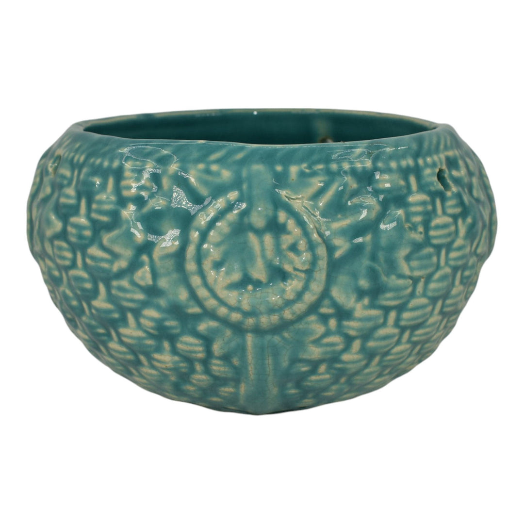 McCoy 1932 Art Pottery Blue Embossed Basketweave Hanging Basket Planter 296 - Just Art Pottery