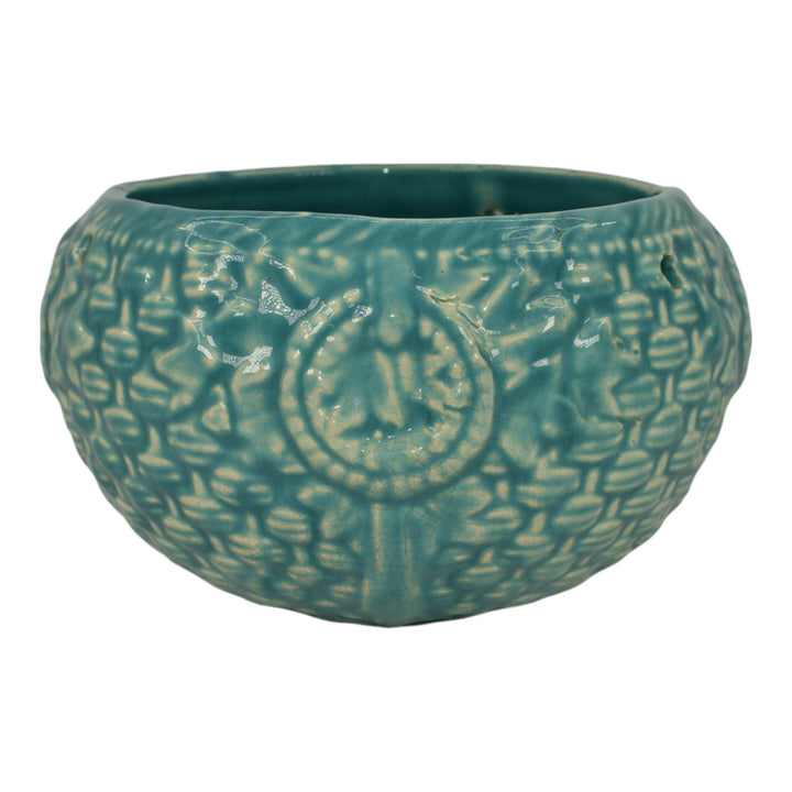 McCoy 1932 Art Pottery Blue Embossed Basketweave Hanging Basket Planter 296 - Just Art Pottery