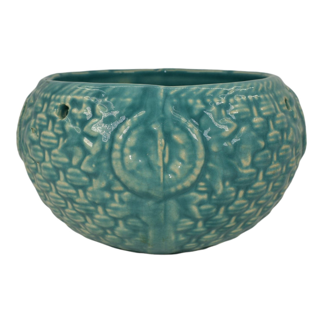 McCoy 1932 Art Pottery Blue Embossed Basketweave Hanging Basket Planter 296 - Just Art Pottery
