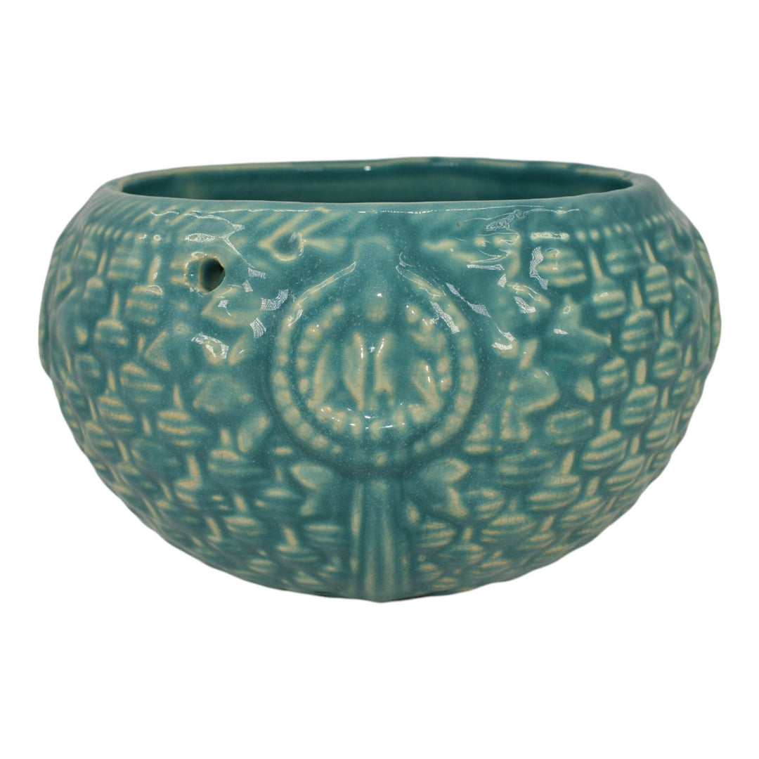 McCoy 1932 Art Pottery Blue Embossed Basketweave Hanging Basket Planter 296 - Just Art Pottery