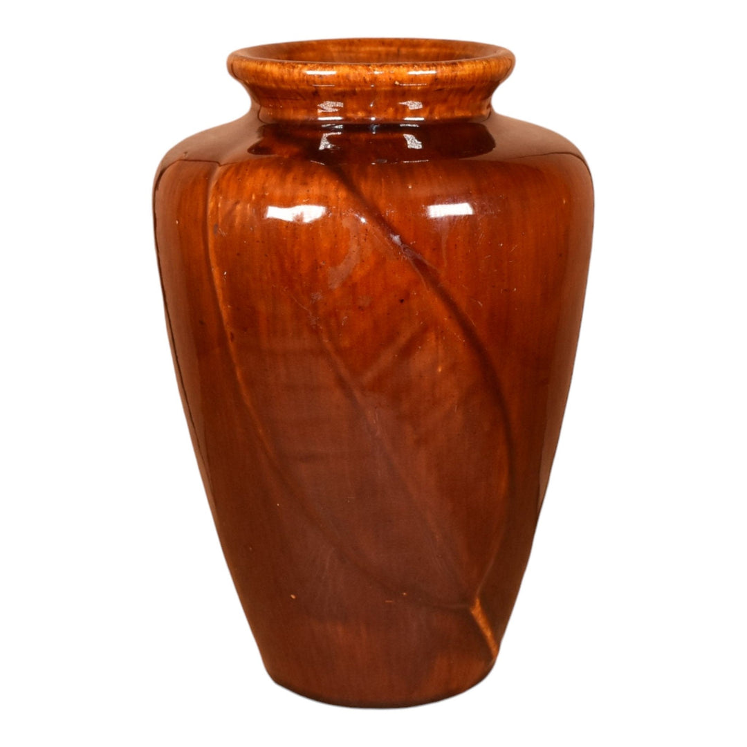 Zanesville Stoneware 1930s Arts and Crafts Pottery Brown Leaf Ceramic Vase 102 - Just Art Pottery