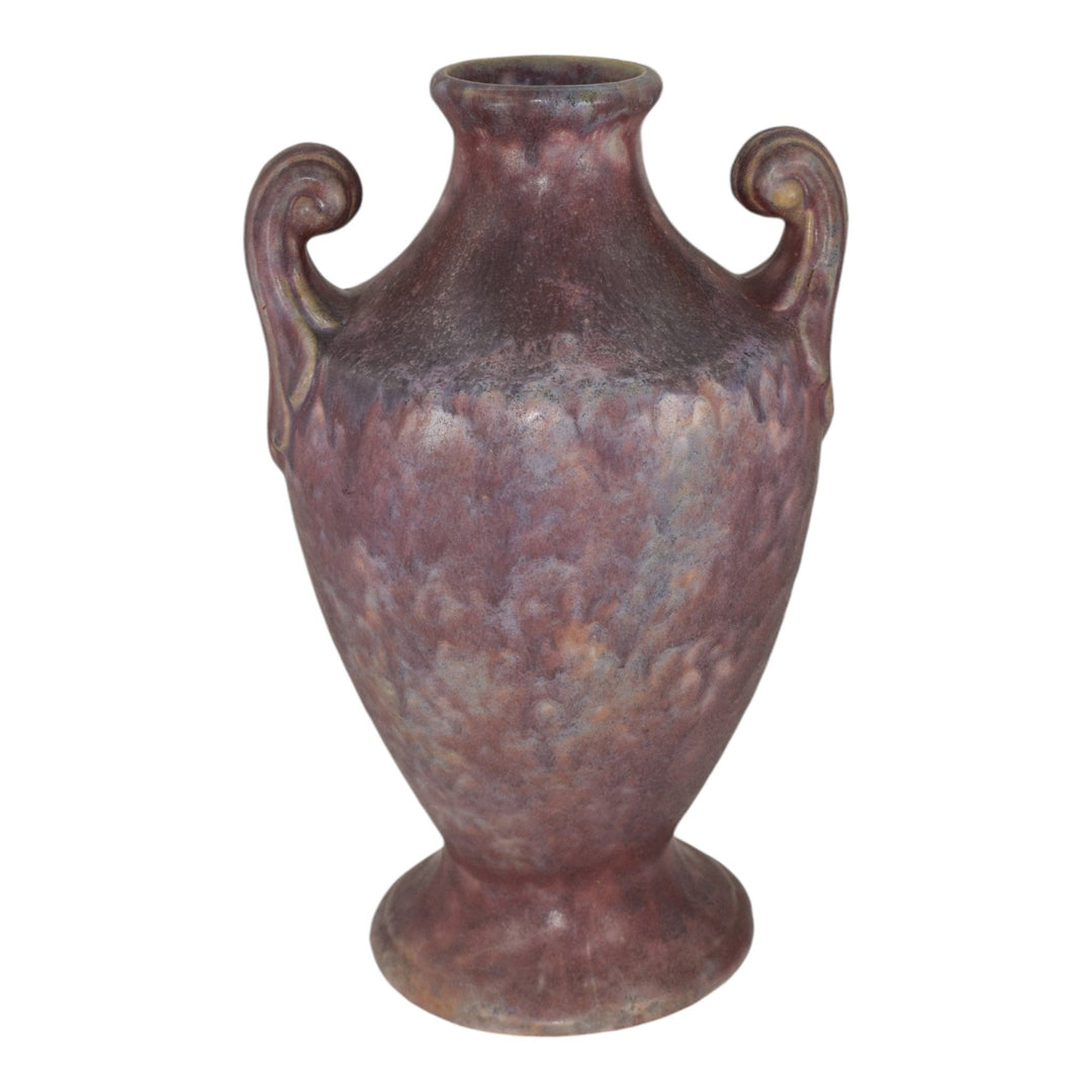 Burley Winter 1930s Vintage Arts Pottery Purple Mottled Ceramic Scroll Vase 9 - Just Art Pottery