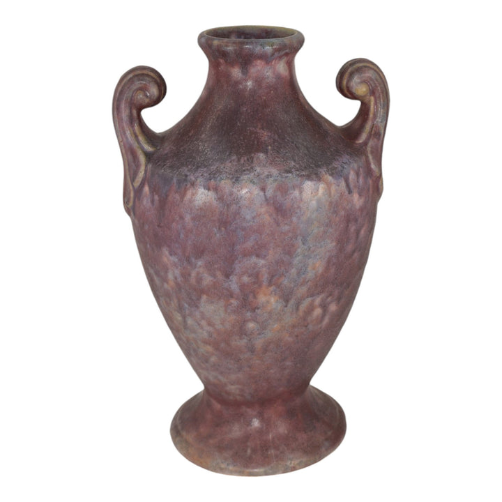 Burley Winter 1930s Vintage Arts Pottery Purple Mottled Ceramic Scroll Vase 9 - Just Art Pottery
