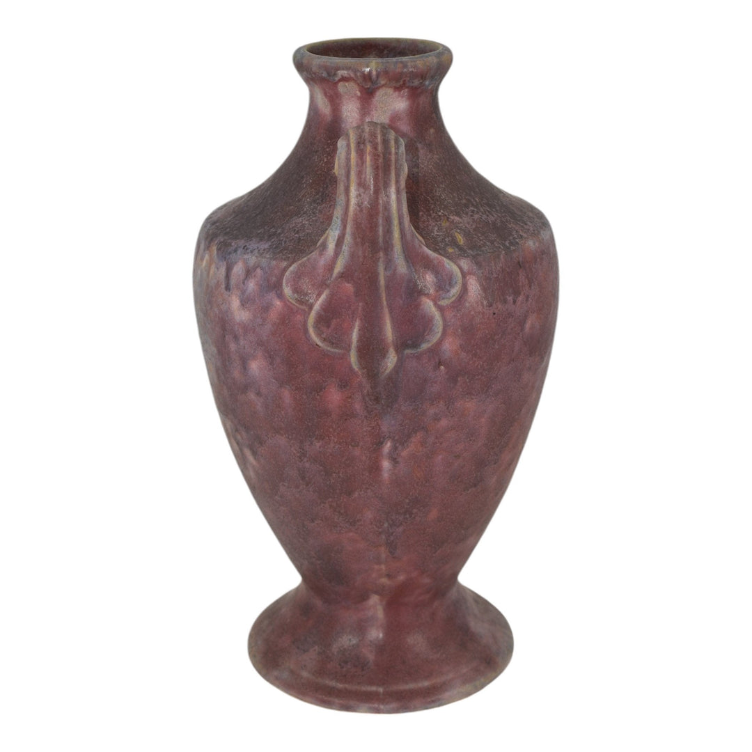 Burley Winter 1930s Vintage Arts Pottery Purple Mottled Ceramic Scroll Vase 9 - Just Art Pottery