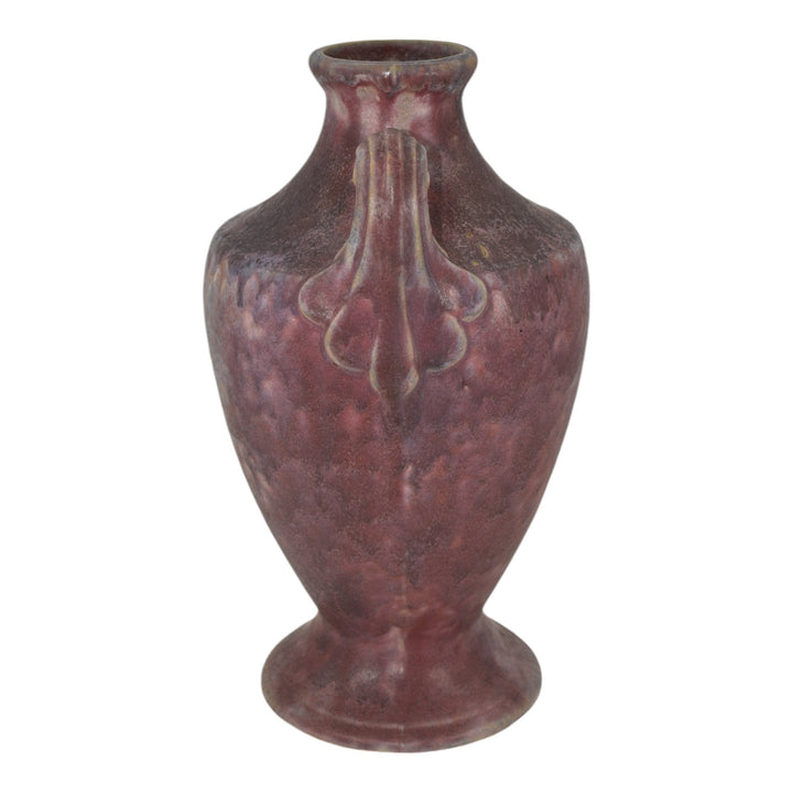 Burley Winter 1930s Vintage Arts Pottery Purple Mottled Ceramic Scroll Vase 9 - Just Art Pottery
