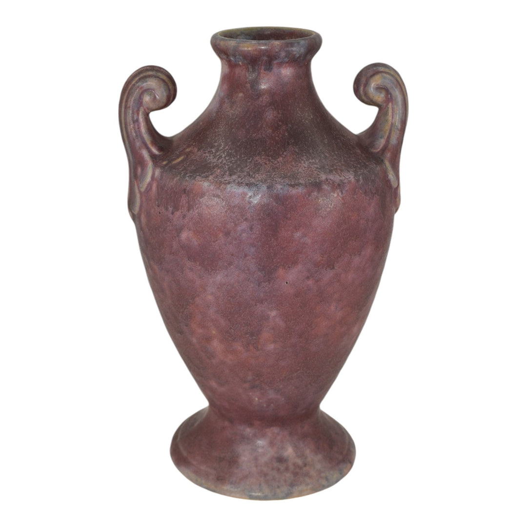 Burley Winter 1930s Vintage Arts Pottery Purple Mottled Ceramic Scroll Vase 9 - Just Art Pottery