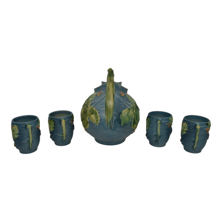 Roseville Bushberry Blue 1941 Mid Century Modern Pottery Ice Lip Pitcher 1325 - Just Art Pottery