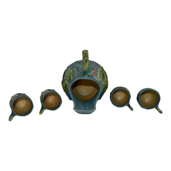 Roseville Bushberry Blue 1941 Mid Century Modern Pottery Ice Lip Pitcher 1325 - Just Art Pottery
