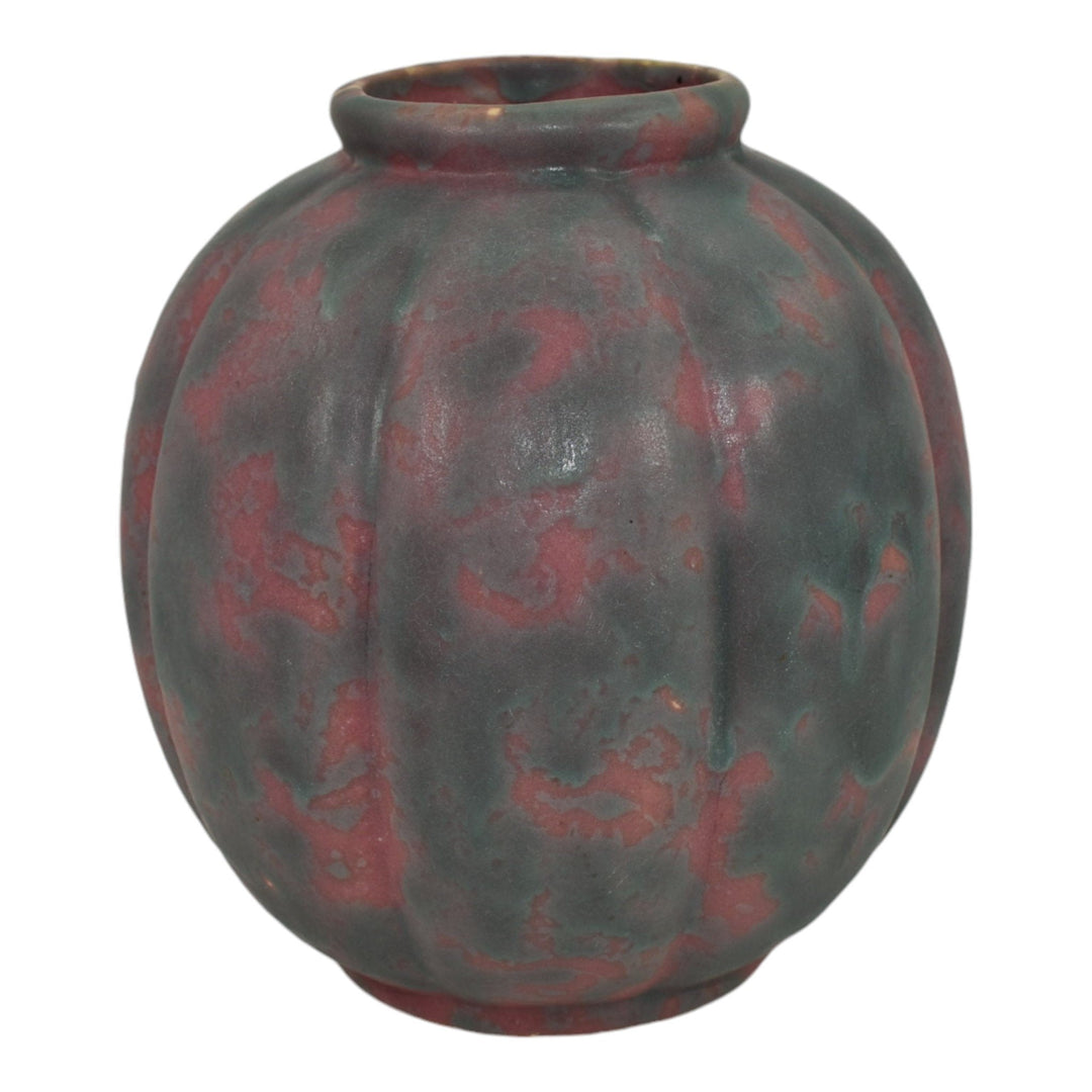 Burley Winter 1930s Vintage Art Pottery Pink Blue Melon Ceramic Vase 4 - Just Art Pottery
