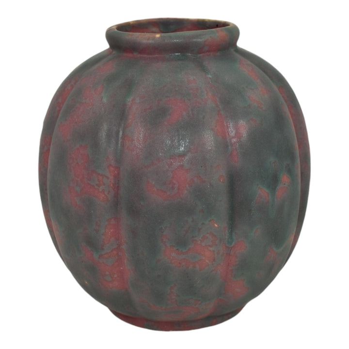 Burley Winter 1930s Vintage Art Pottery Pink Blue Melon Ceramic Vase 4 - Just Art Pottery