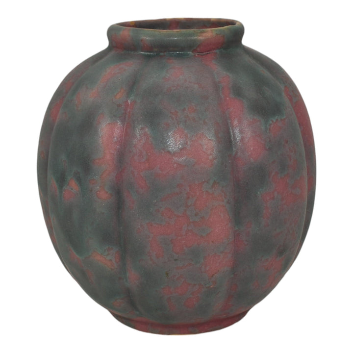 Burley Winter 1930s Vintage Art Pottery Pink Blue Melon Ceramic Vase 4 - Just Art Pottery