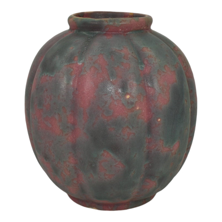 Burley Winter 1930s Vintage Art Pottery Pink Blue Melon Ceramic Vase 4 - Just Art Pottery