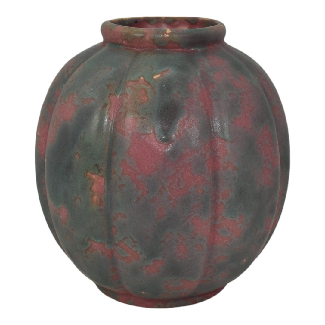 Burley Winter 1930s Vintage Art Pottery Pink Blue Melon Ceramic Vase 4 - Just Art Pottery