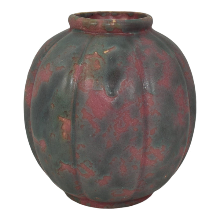 Burley Winter 1930s Vintage Art Pottery Pink Blue Melon Ceramic Vase 4 - Just Art Pottery