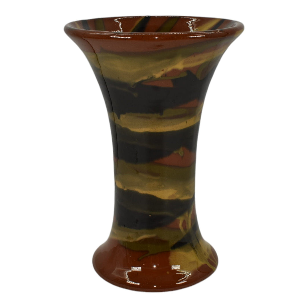 Peters and Reed Marbleized 1920s Art Pottery Brown Black Ceramic Spill Vase - Just Art Pottery