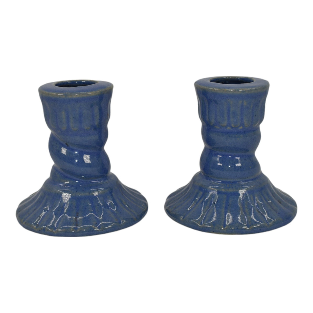Zanesville Stoneware 1930s Vintage Art Pottery Blue Ceramic Candle Holders 865 - Just Art Pottery