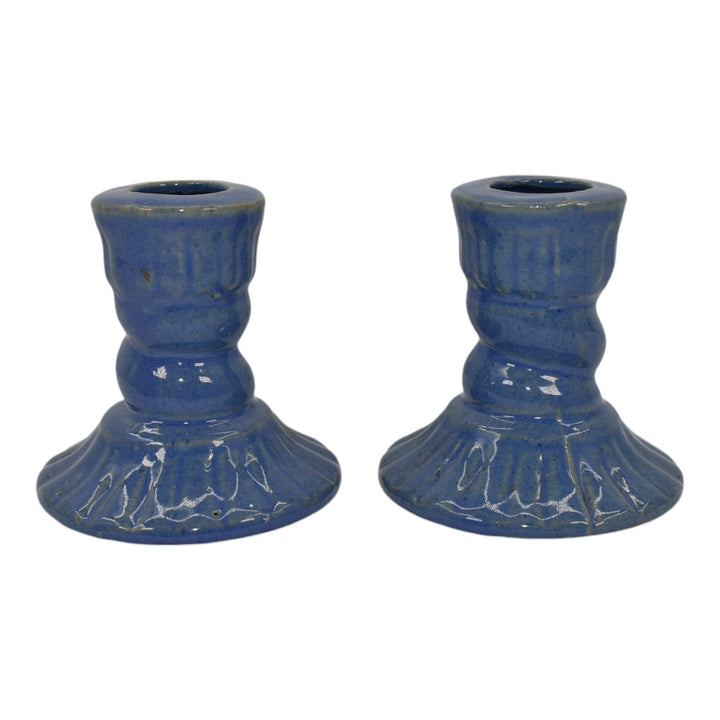 Zanesville Stoneware 1930s Vintage Art Pottery Blue Ceramic Candle Holders 865 - Just Art Pottery