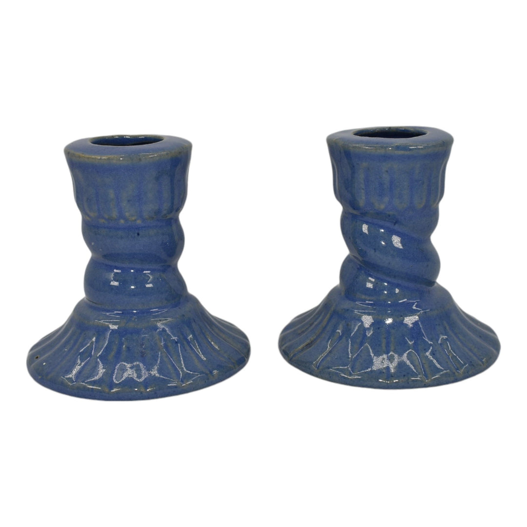 Zanesville Stoneware 1930s Vintage Art Pottery Blue Ceramic Candle Holders 865 - Just Art Pottery