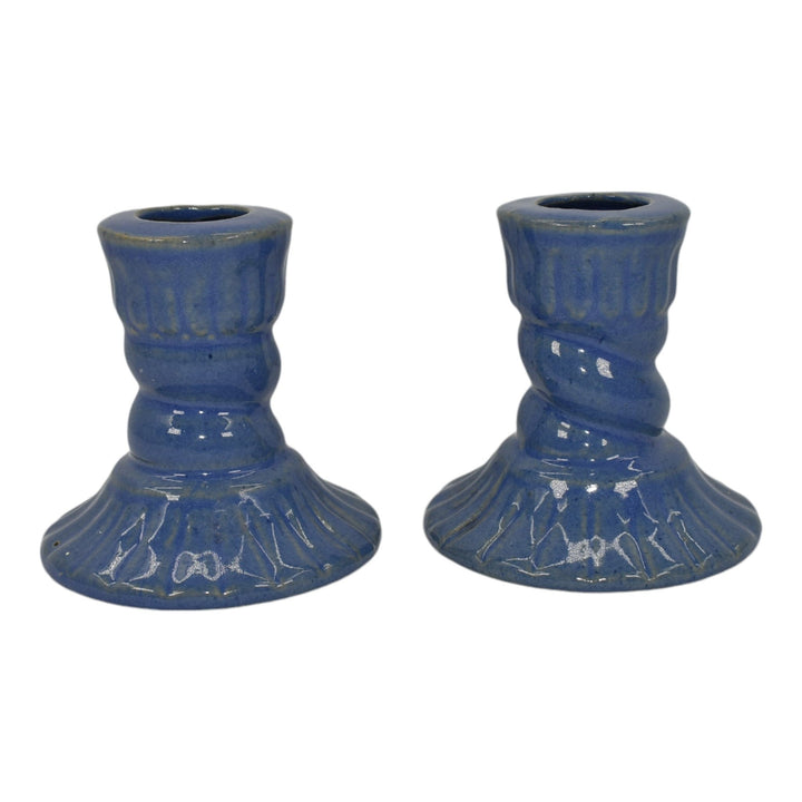 Zanesville Stoneware 1930s Vintage Art Pottery Blue Ceramic Candle Holders 865 - Just Art Pottery