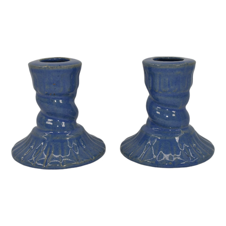 Zanesville Stoneware 1930s Vintage Art Pottery Blue Ceramic Candle Holders 865 - Just Art Pottery