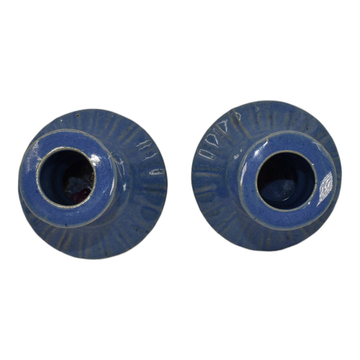 Zanesville Stoneware 1930s Vintage Art Pottery Blue Ceramic Candle Holders 865 - Just Art Pottery