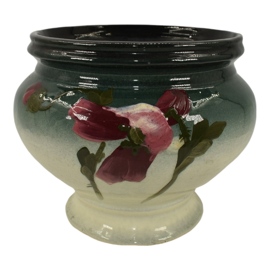 Weller Eocean 1898-1918 Vintage Art Pottery Red Floral Gray Ceramic Jardiniere - Just Art Pottery