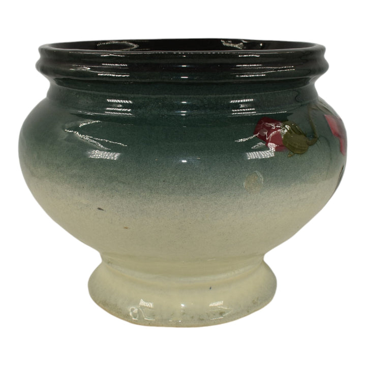 Weller Eocean 1898-1918 Vintage Art Pottery Red Floral Gray Ceramic Jardiniere - Just Art Pottery
