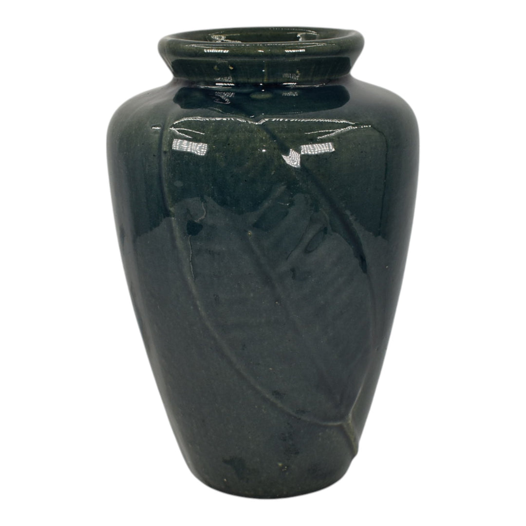Zanesville Stoneware 1930s Arts And Craft Pottery Blue Leaf Ceramic Vase 102 - Just Art Pottery