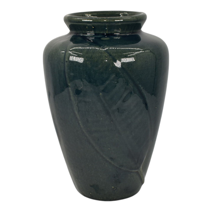 Zanesville Stoneware 1930s Arts And Craft Pottery Blue Leaf Ceramic Vase 102 - Just Art Pottery