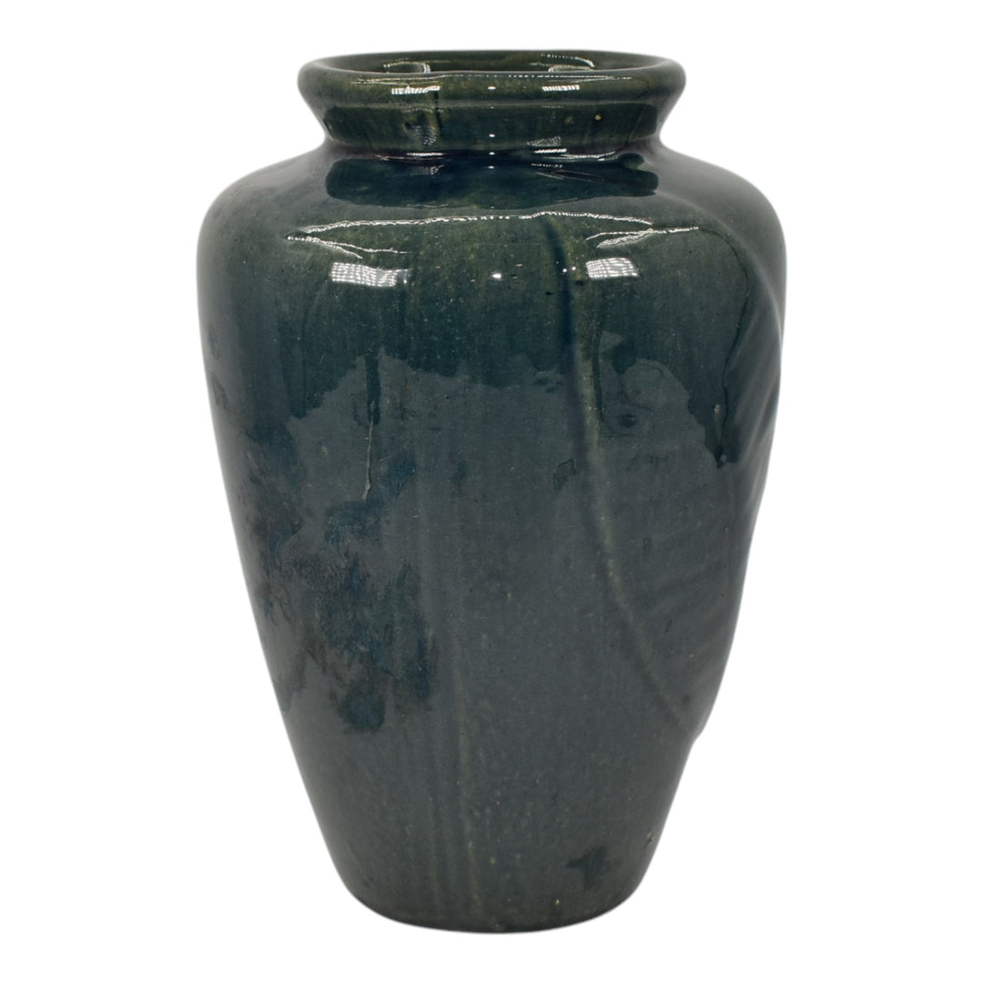 Zanesville Stoneware 1930s Arts And Craft Pottery Blue Leaf Ceramic Vase 102 - Just Art Pottery
