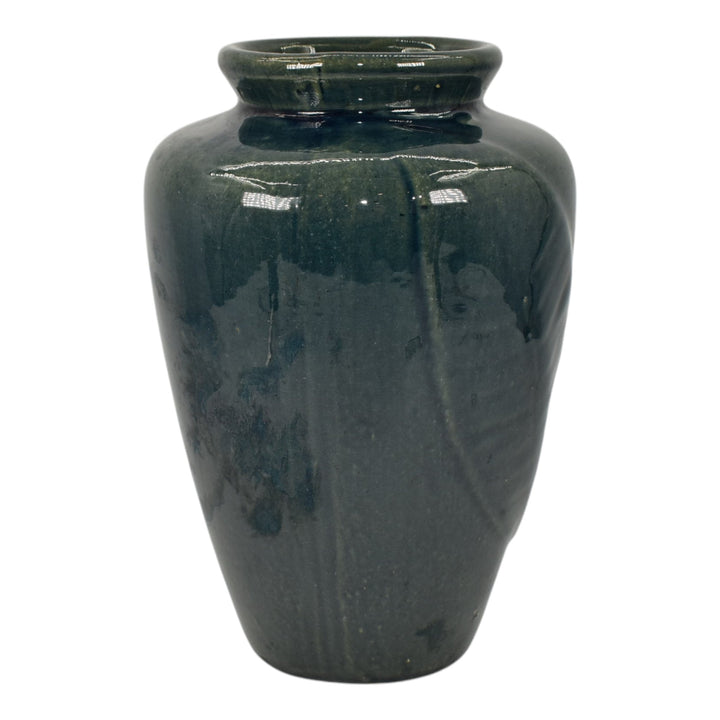 Zanesville Stoneware 1930s Arts And Craft Pottery Blue Leaf Ceramic Vase 102 - Just Art Pottery