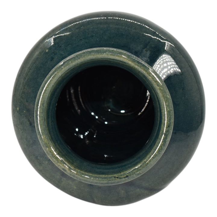 Zanesville Stoneware 1930s Arts And Craft Pottery Blue Leaf Ceramic Vase 102 - Just Art Pottery