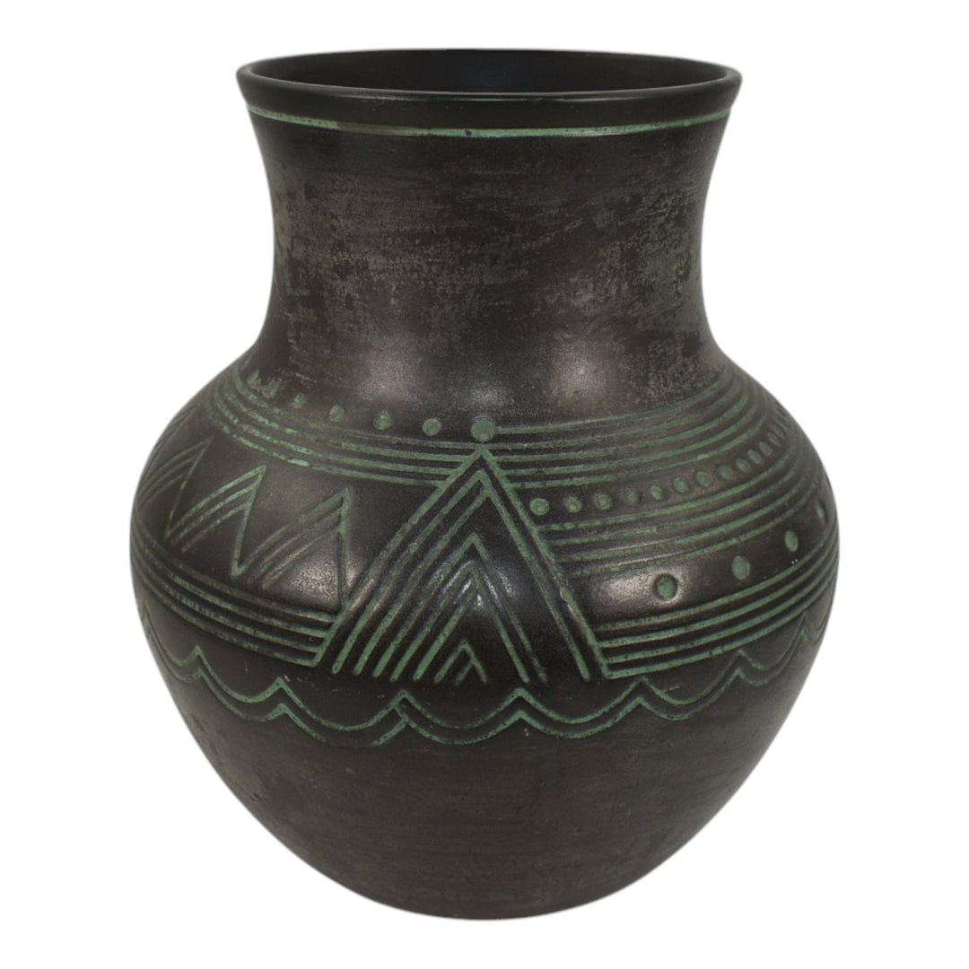 Norse 1900s Vintage Art Pottery Bronze Ware Black Ceramic Incised Vase 13 - Just Art Pottery