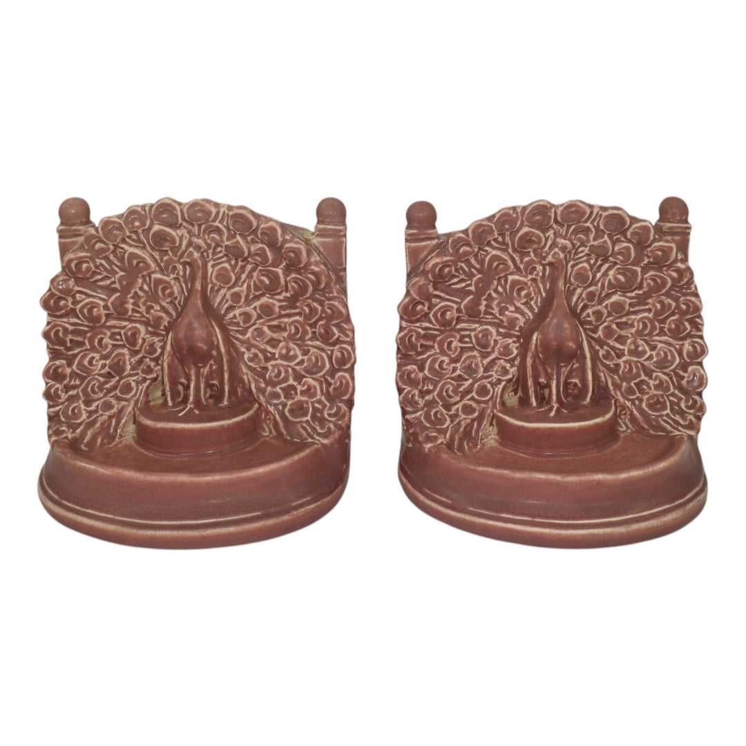 Rookwood 1922 Vintage Arts And Crafts Pottery Pink Peacock Ceramic Bookends 2445 - Just Art Pottery