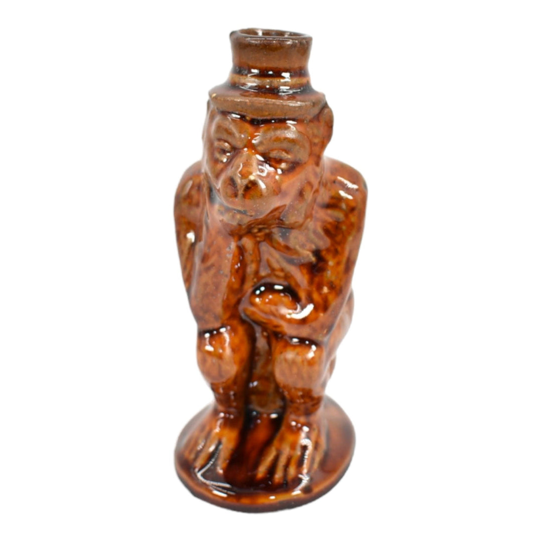Roseville Majolica Before 1916 Art Pottery Brown Ceramic Thinking Monkey Bottle - Just Art Pottery