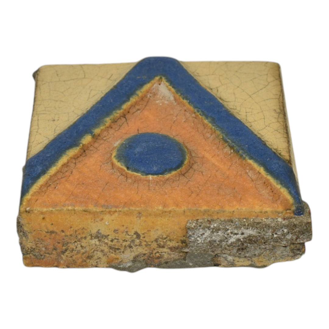 Flint Faience Vintage Art Pottery Blue Orange Ceramic Art Deco Geometric Tile - Just Art Pottery