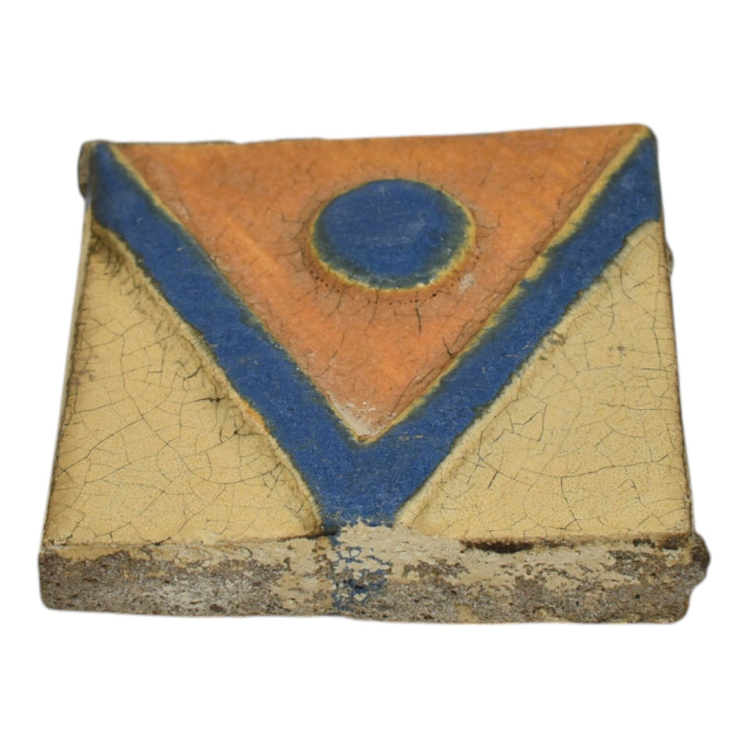 Flint Faience Vintage Art Pottery Blue Orange Ceramic Art Deco Geometric Tile - Just Art Pottery