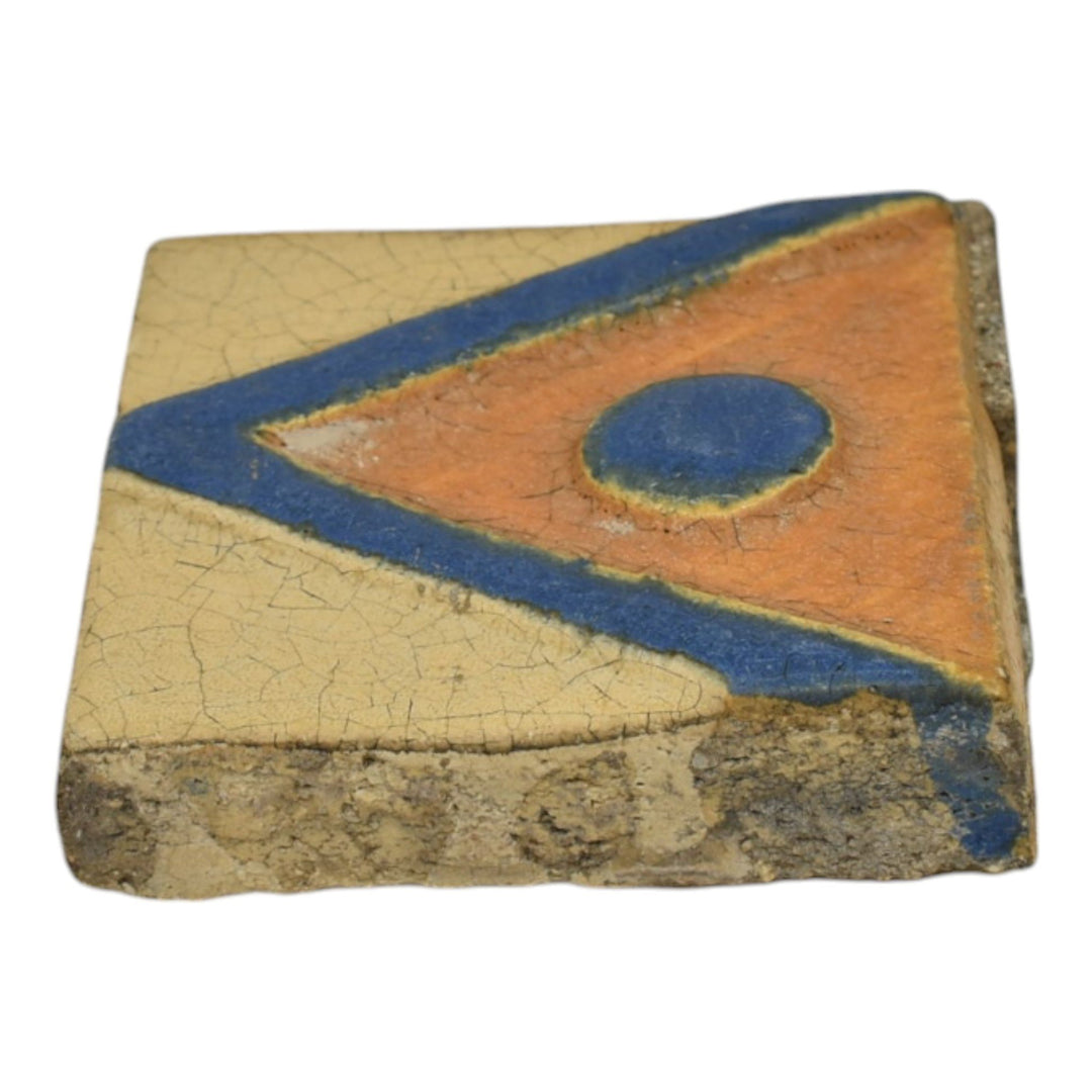 Flint Faience Vintage Art Pottery Blue Orange Ceramic Art Deco Geometric Tile - Just Art Pottery