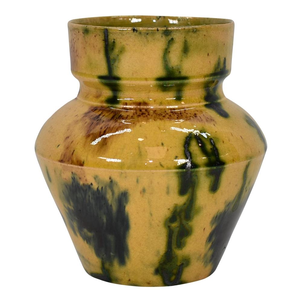 George Ohr Biloxi 1880-1900 Studio Art Pottery Yellow Green Brown Ceramic Vase