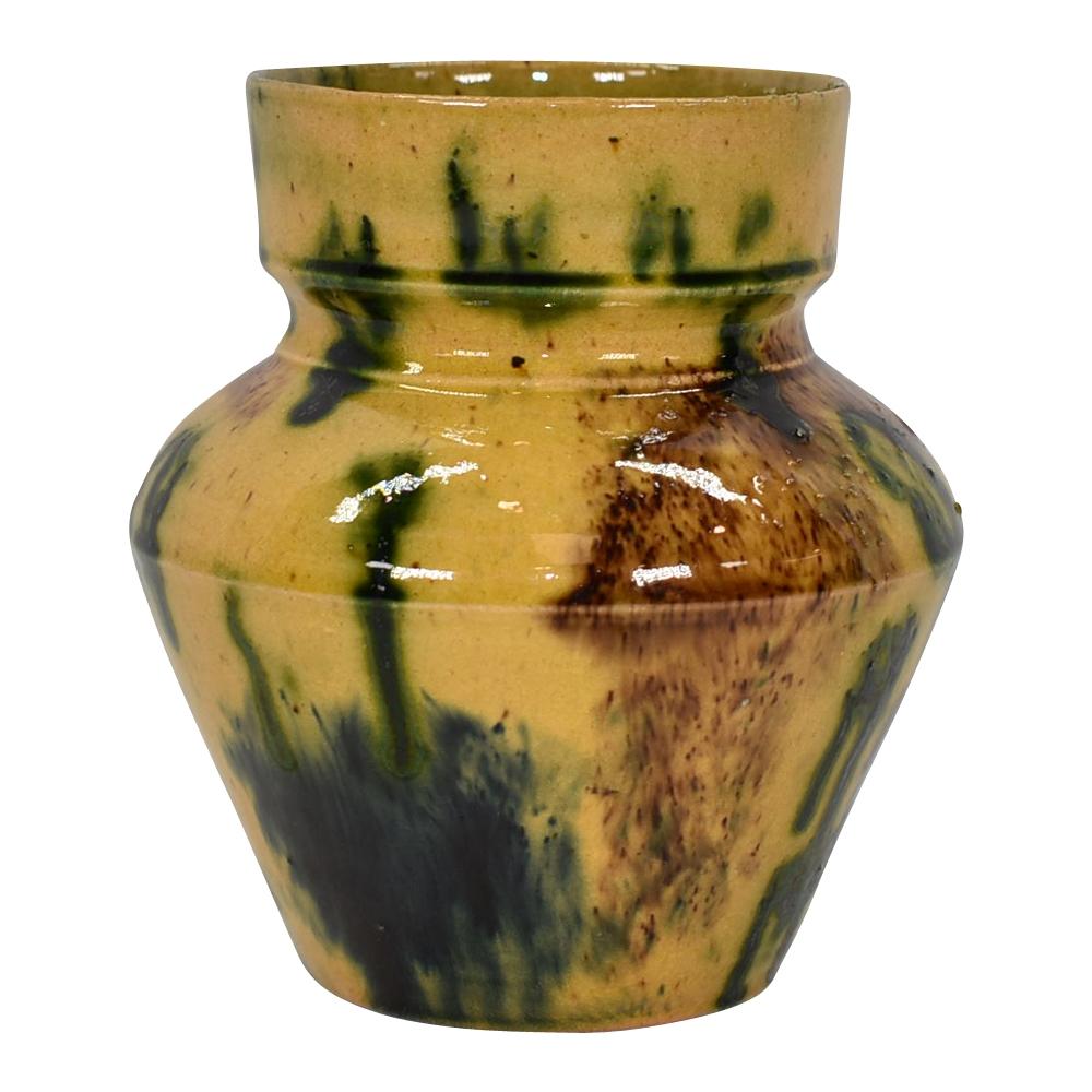 George Ohr Biloxi 1880-1900 Studio Art Pottery Yellow Green Brown Ceramic Vase