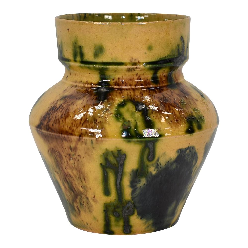 George Ohr Biloxi 1880-1900 Studio Art Pottery Yellow Green Brown Ceramic Vase