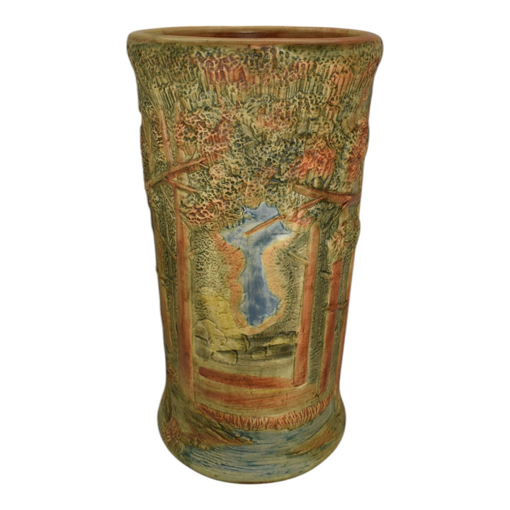 Weller Forest 1920s Vintage Art Pottery Green Scenic Umbrella Stand
