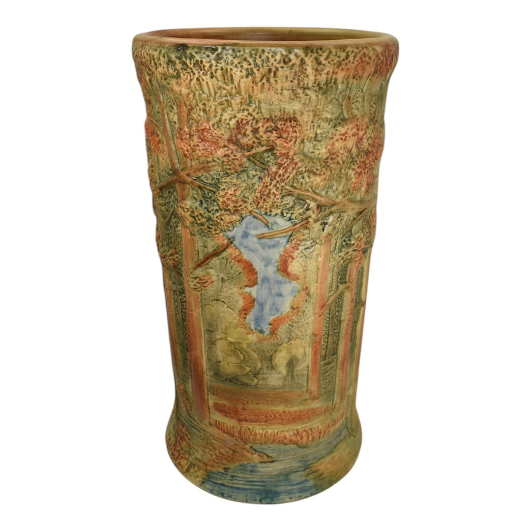 Weller Forest 1920s Vintage Art Pottery Green Scenic Umbrella Stand