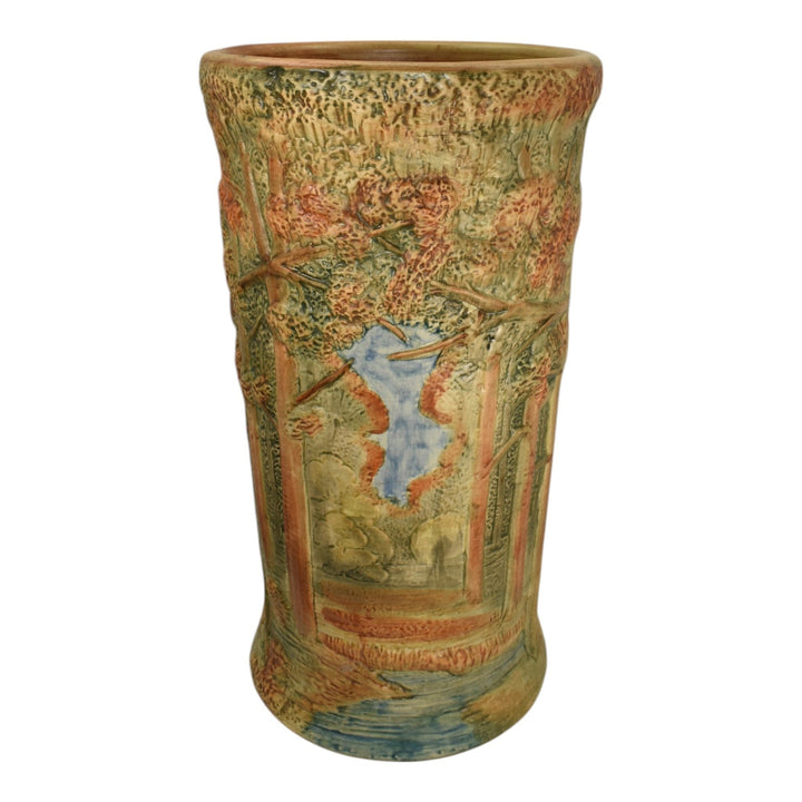 Weller Forest 1920s Vintage Art Pottery Green Scenic Umbrella Stand